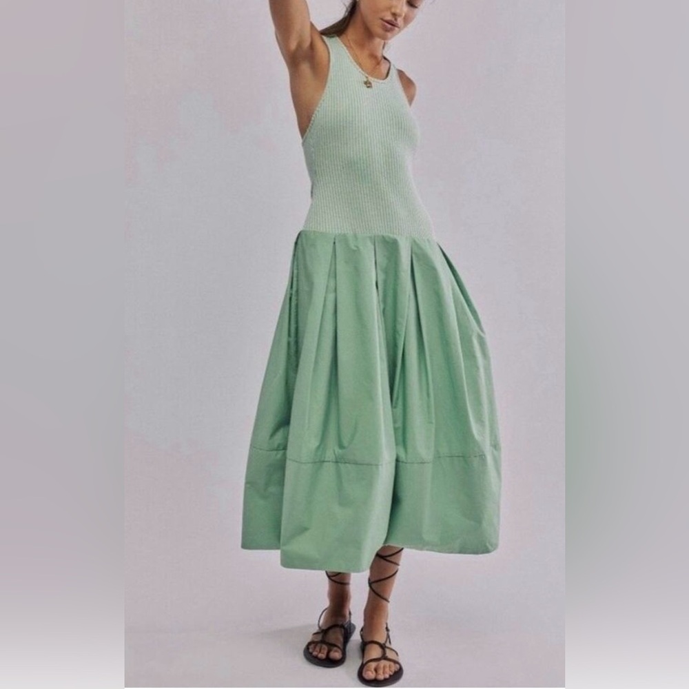 Free People, Light Green Fit-and-Flare Cotton Blend Dress, Size Large 12 -14